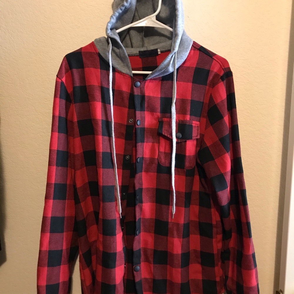 Oversized plaid button up jacket with hood